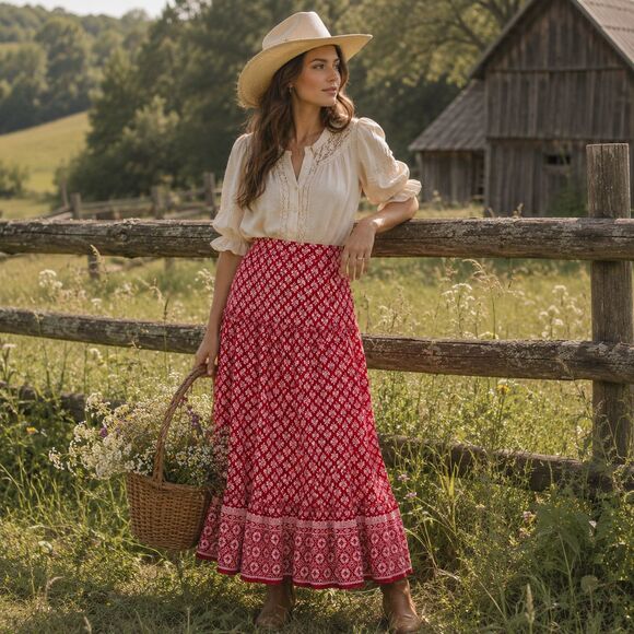 White Stag Dresses & Skirts - White Stag Skirt Women's M(8-10) Red/White Draw string Waist Cottagecore Boho